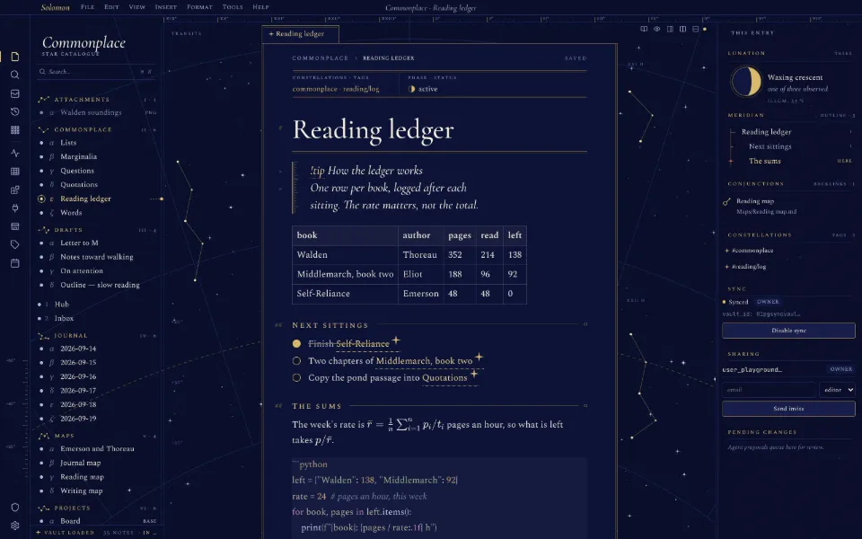 Solomon in the Celestial Almanac theme: a callout, a table, tasks, math and code in one note, with the outline and backlinks open.