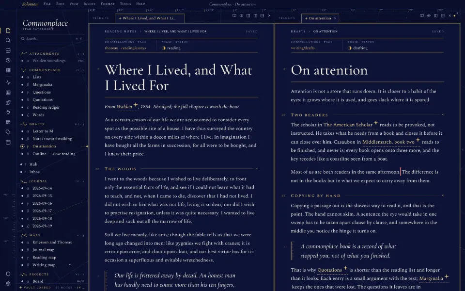 Solomon in the Celestial Almanac theme: a long essay beside the draft it feeds, in two split panes.