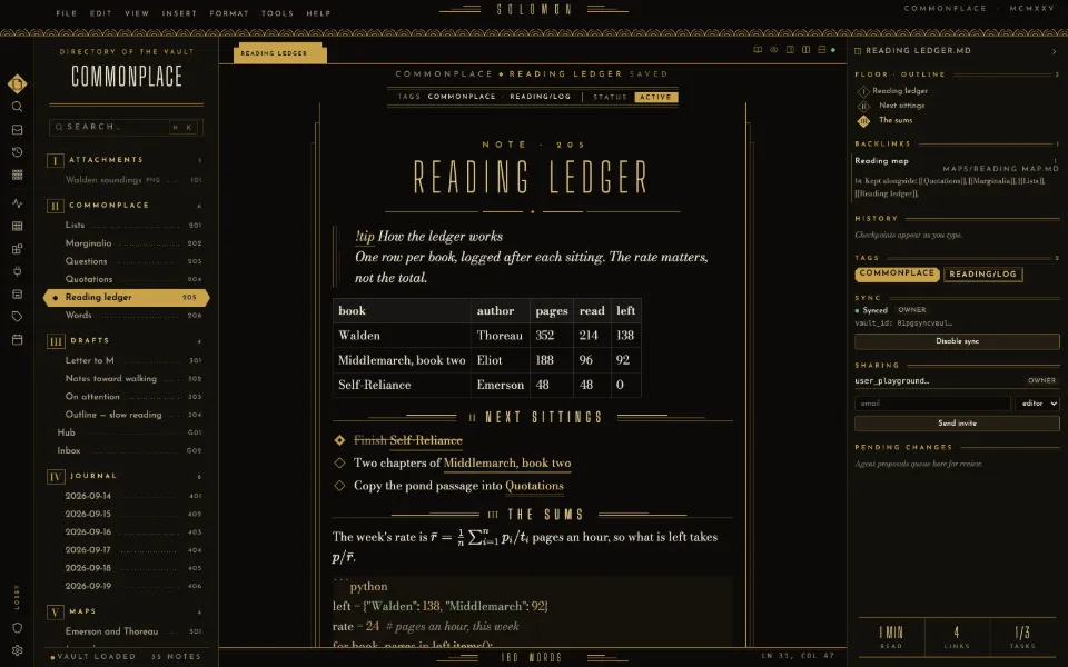 Solomon in the Art Deco 1925 theme: a callout, a table, tasks, math and code in one note, with the outline and backlinks open.