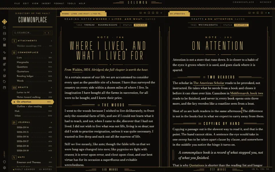 Solomon in the Art Deco 1925 theme: a long essay beside the draft it feeds, in two split panes.