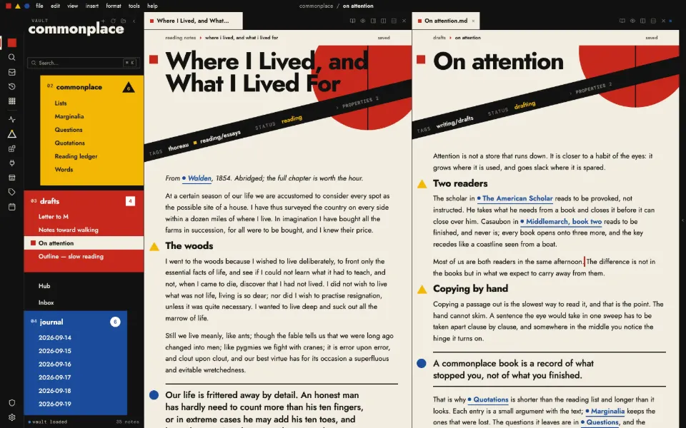 Solomon in the Bauhaus 1923 theme: a long essay beside the draft it feeds, in two split panes.