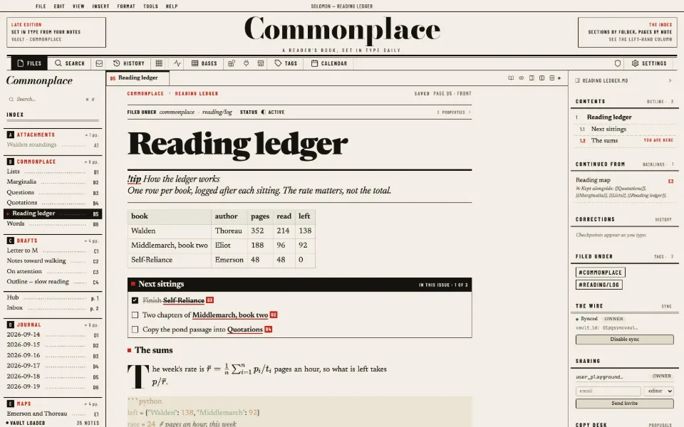 Solomon in the Broadsheet theme: a callout, a table, tasks, math and code in one note, with the outline and backlinks open.