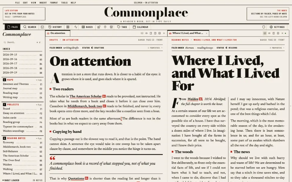 Solomon in the Broadsheet theme: a long essay beside the draft it feeds, in two split panes.
