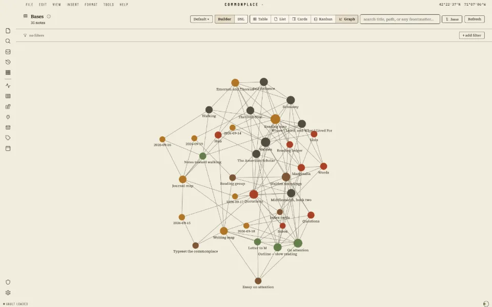 Solomon in the Cartographer theme: the whole vault as a graph: thirty-five notes and their links.