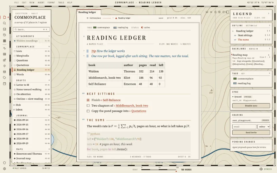 Solomon in the Cartographer theme: a callout, a table, tasks, math and code in one note, with the outline and backlinks open.