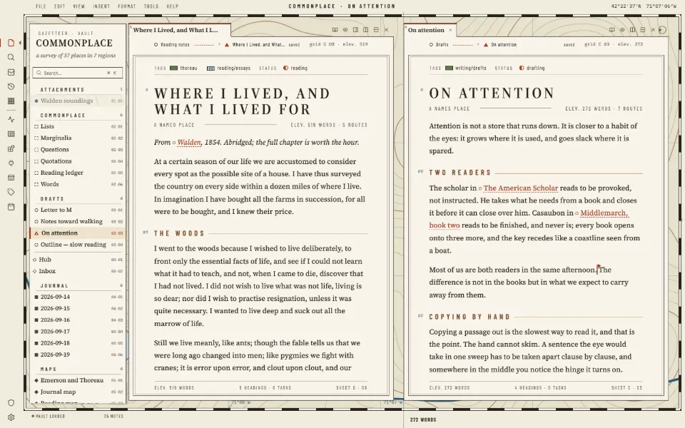 Solomon in the Cartographer theme: a long essay beside the draft it feeds, in two split panes.