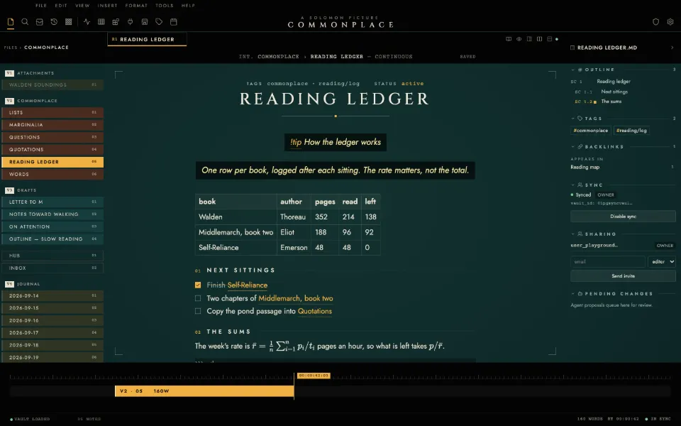 Solomon in the Cinema theme: a callout, a table, tasks, math and code in one note, with the outline and backlinks open.