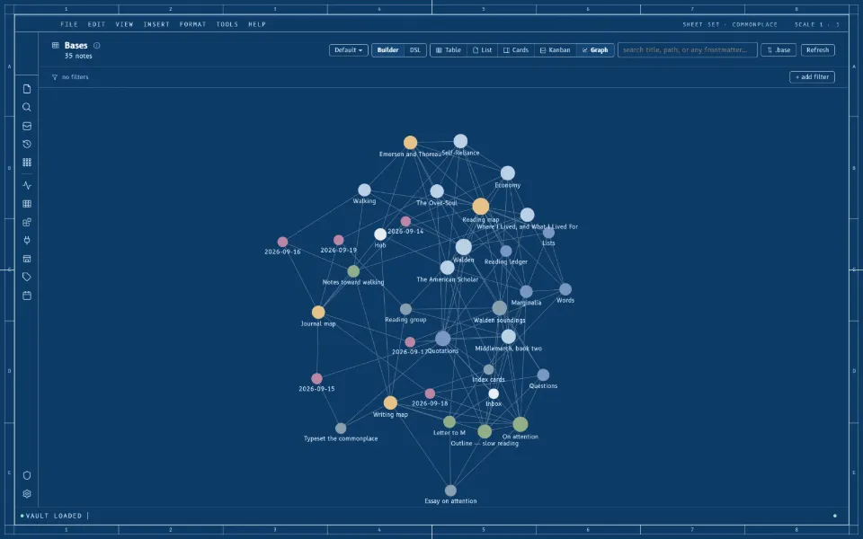 Solomon in the Cyanotype theme: the whole vault as a graph: thirty-five notes and their links.