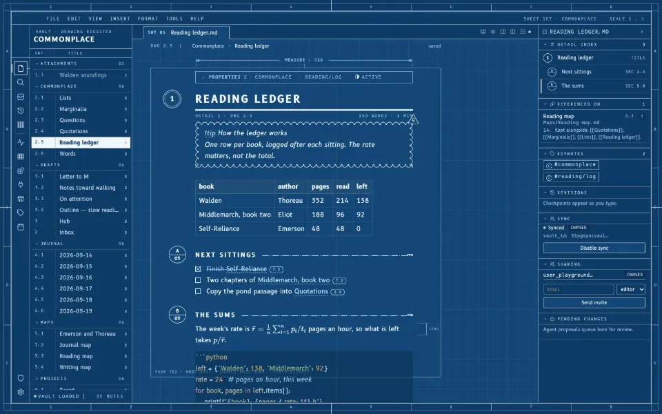 Solomon in the Cyanotype theme: a callout, a table, tasks, math and code in one note, with the outline and backlinks open.