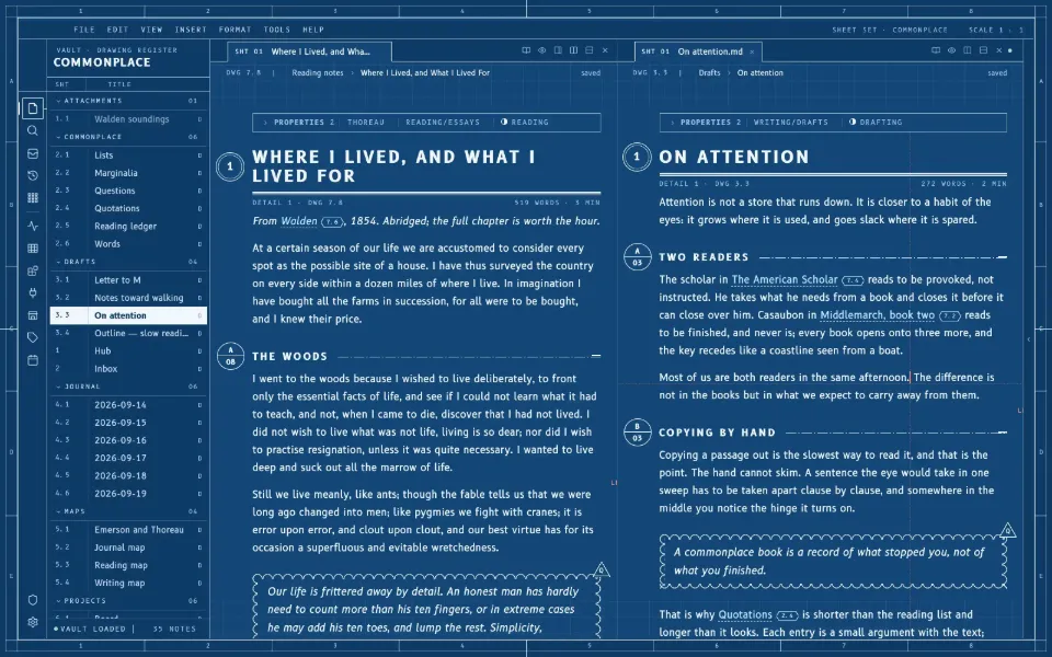 Solomon in the Cyanotype theme: a long essay beside the draft it feeds, in two split panes.