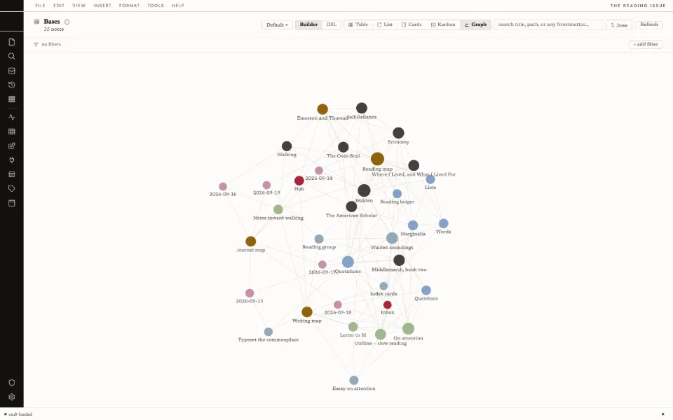 Solomon in the Editorial theme: the whole vault as a graph: thirty-five notes and their links.