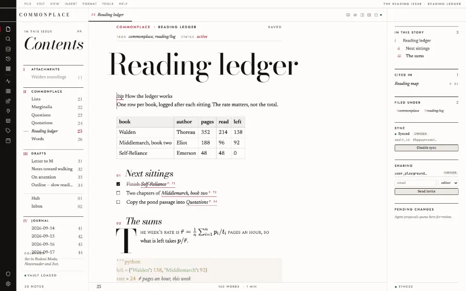 Solomon in the Editorial theme: a callout, a table, tasks, math and code in one note, with the outline and backlinks open.