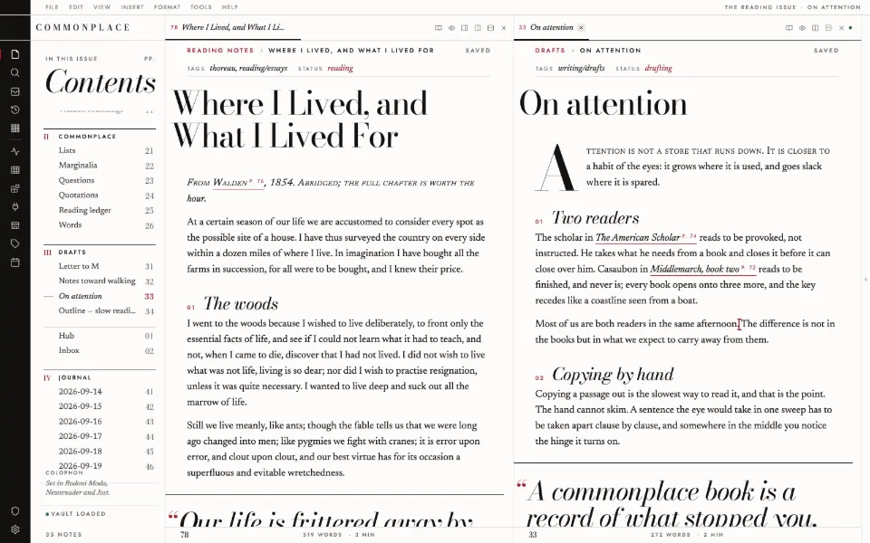 Solomon in the Editorial theme: a long essay beside the draft it feeds, in two split panes.