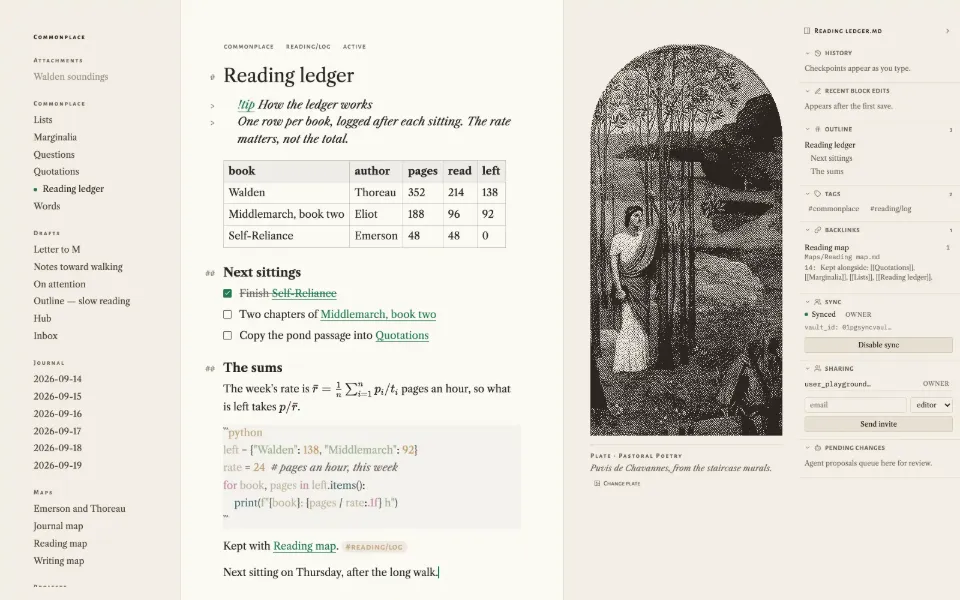 Solomon in the Frontispiece theme: a callout, a table, tasks, math and code in one note, with the outline and backlinks open.
