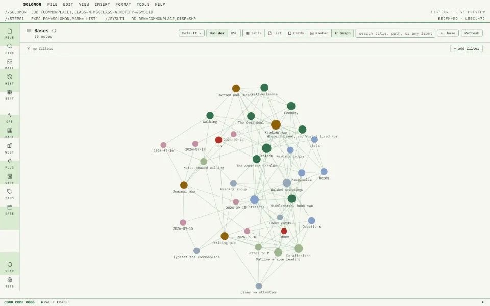 Solomon in the Greenbar theme: the whole vault as a graph: thirty-five notes and their links.