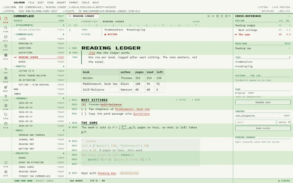 Solomon in the Greenbar theme: a callout, a table, tasks, math and code in one note, with the outline and backlinks open.