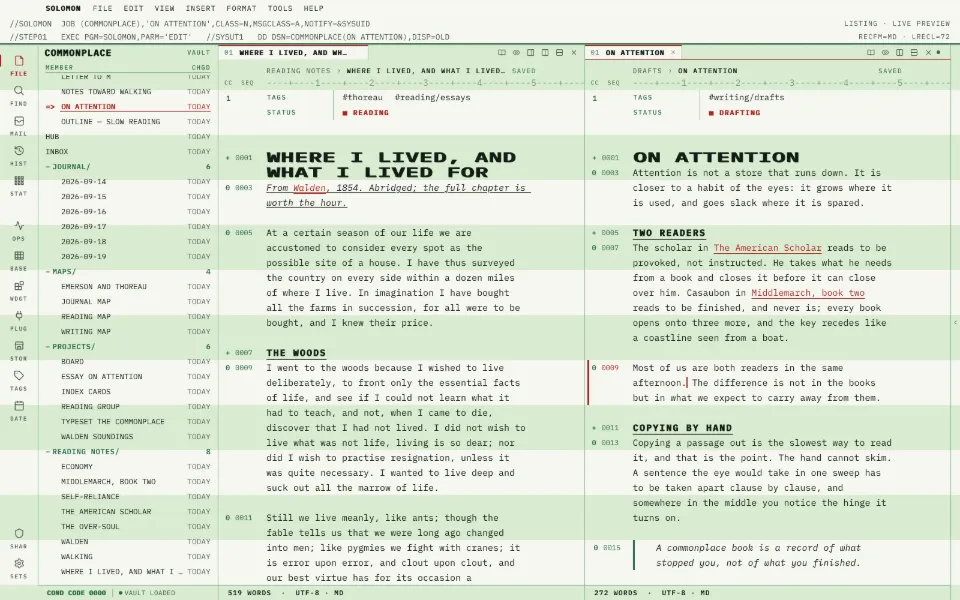 Solomon in the Greenbar theme: a long essay beside the draft it feeds, in two split panes.