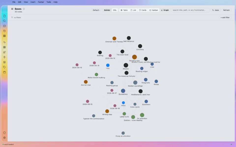 Solomon in the Liquid Glass theme: the whole vault as a graph: thirty-five notes and their links.