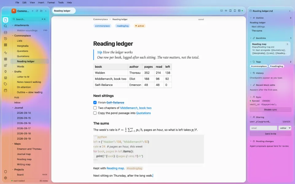 Solomon in the Liquid Glass theme: a callout, a table, tasks, math and code in one note, with the outline and backlinks open.