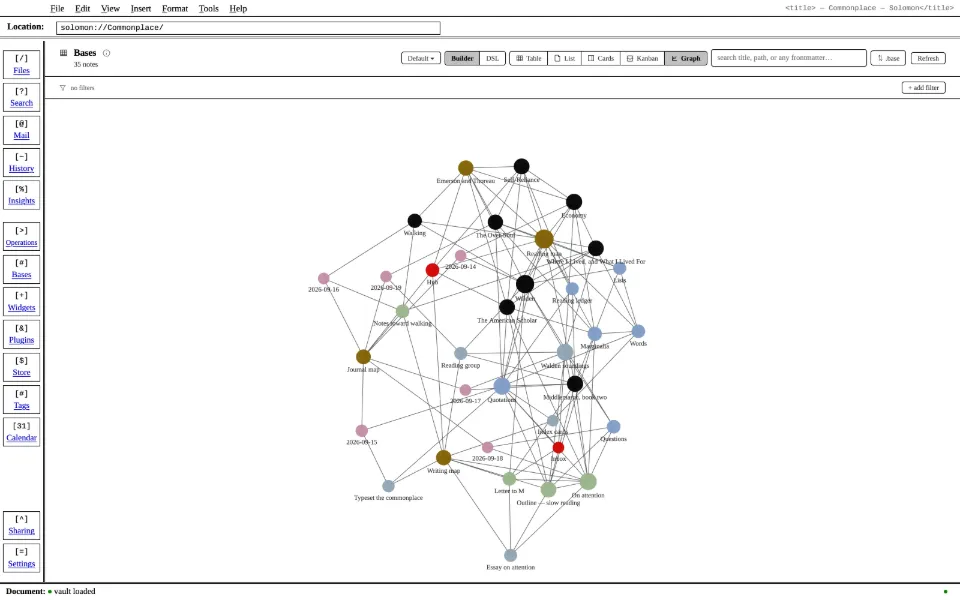 Solomon in the Raw HTML theme: the whole vault as a graph: thirty-five notes and their links.