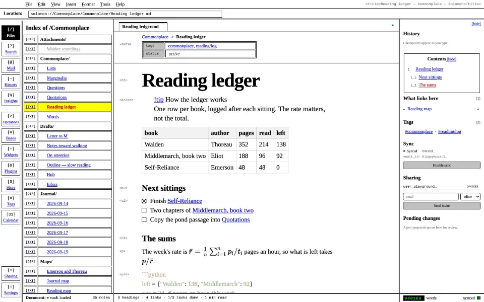 Solomon in the Raw HTML theme: a callout, a table, tasks, math and code in one note, with the outline and backlinks open.