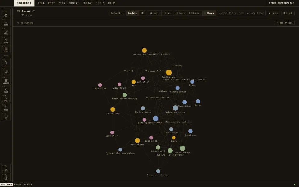 Solomon in the Receipt theme: the whole vault as a graph: thirty-five notes and their links.
