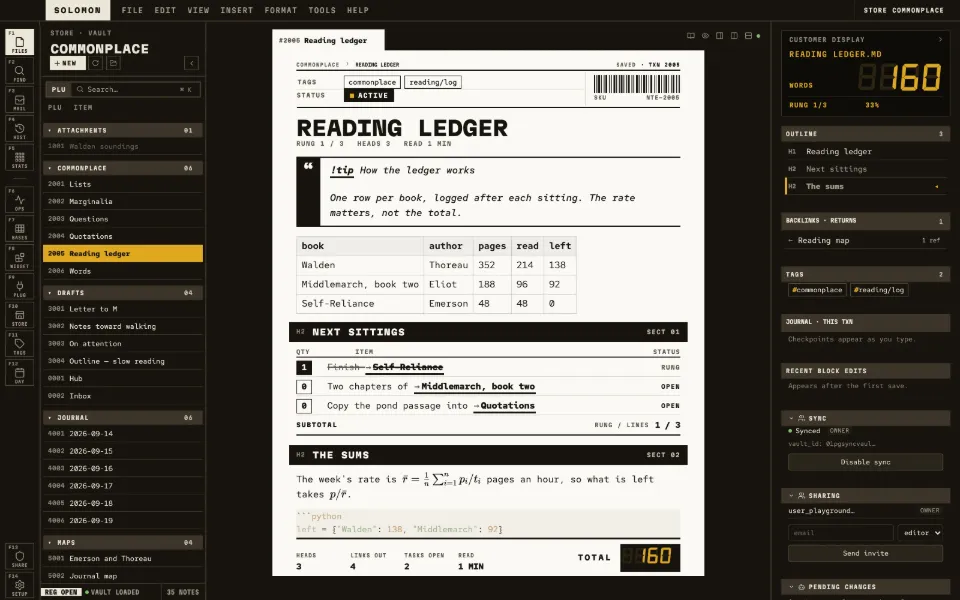 Solomon in the Receipt theme: a callout, a table, tasks, math and code in one note, with the outline and backlinks open.