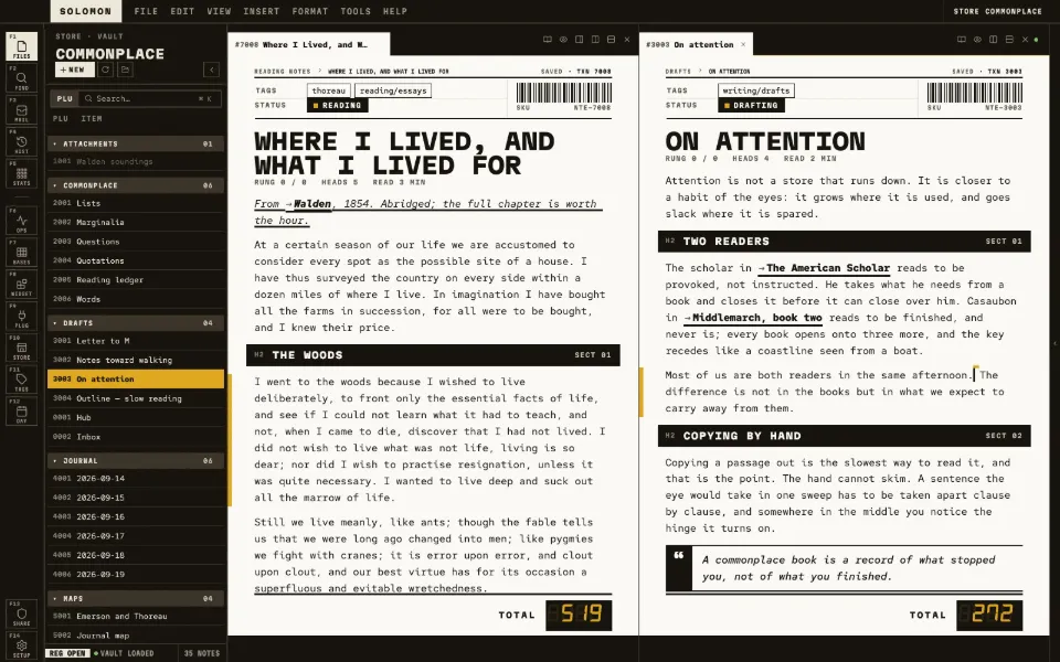 Solomon in the Receipt theme: a long essay beside the draft it feeds, in two split panes.