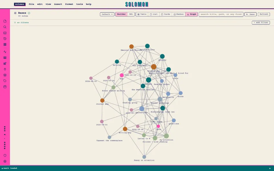 Solomon in the Risograph Zine theme: the whole vault as a graph: thirty-five notes and their links.