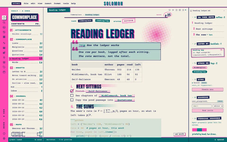 Solomon in the Risograph Zine theme: a callout, a table, tasks, math and code in one note, with the outline and backlinks open.