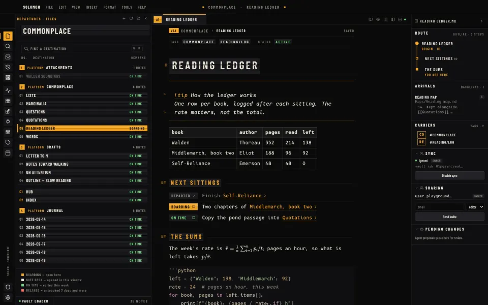 Solomon in the Solari theme: a callout, a table, tasks, math and code in one note, with the outline and backlinks open.