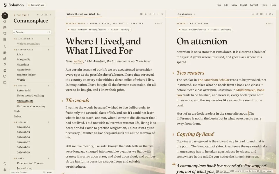 Solomon in the Solomon's House theme: a long essay beside the draft it feeds, in two split panes.
