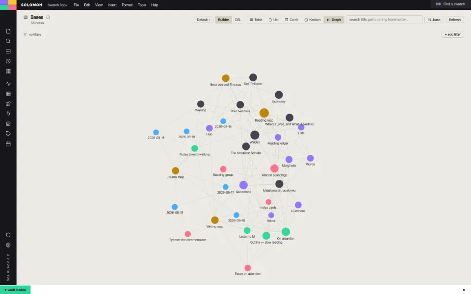 Solomon in the Swatch Book theme: the whole vault as a graph: thirty-five notes and their links.