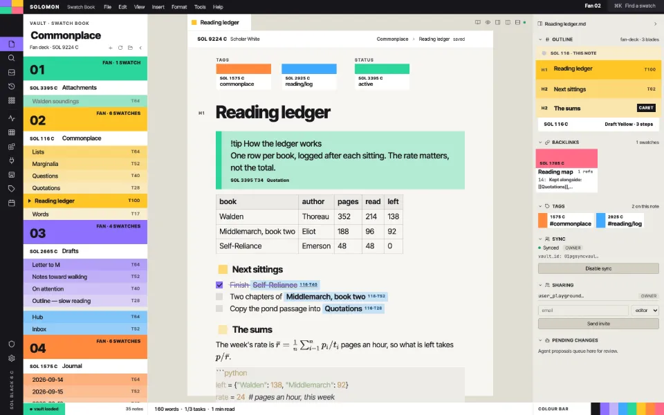 Solomon in the Swatch Book theme: a callout, a table, tasks, math and code in one note, with the outline and backlinks open.