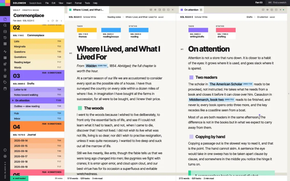 Solomon in the Swatch Book theme: a long essay beside the draft it feeds, in two split panes.