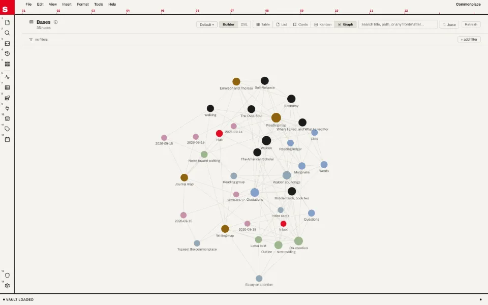 Solomon in the Swiss Grid theme: the whole vault as a graph: thirty-five notes and their links.