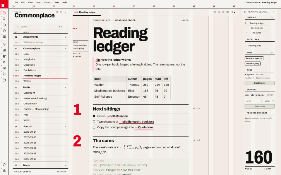 Solomon in the Swiss Grid theme: a callout, a table, tasks, math and code in one note, with the outline and backlinks open.