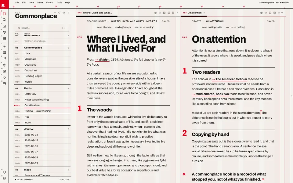 Solomon in the Swiss Grid theme: a long essay beside the draft it feeds, in two split panes.