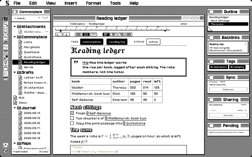 Solomon in the System 1 theme: a callout, a table, tasks, math and code in one note, with the outline and backlinks open.