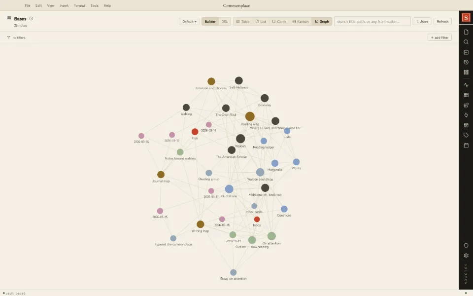 Solomon in the Tategaki theme: the whole vault as a graph: thirty-five notes and their links.