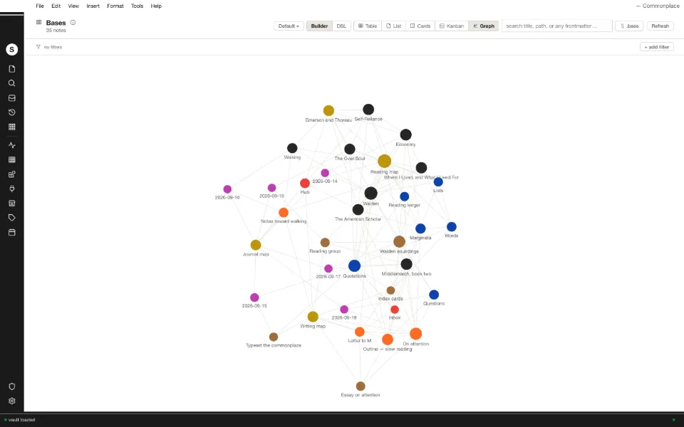 Solomon in the Transit theme: the whole vault as a graph: thirty-five notes and their links.
