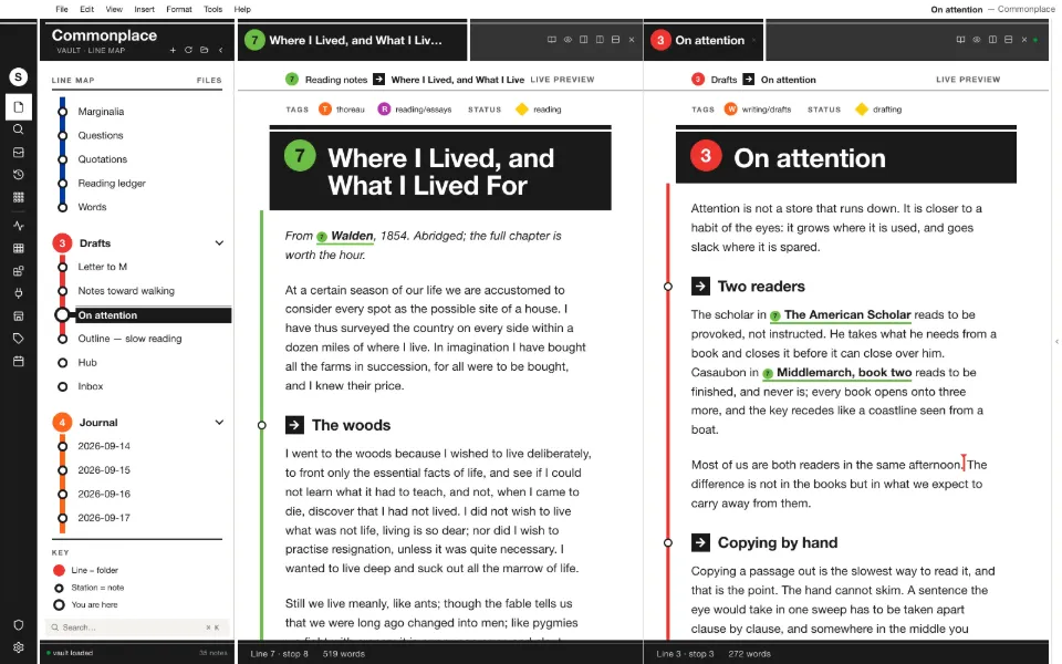 Solomon in the Transit theme: a long essay beside the draft it feeds, in two split panes.