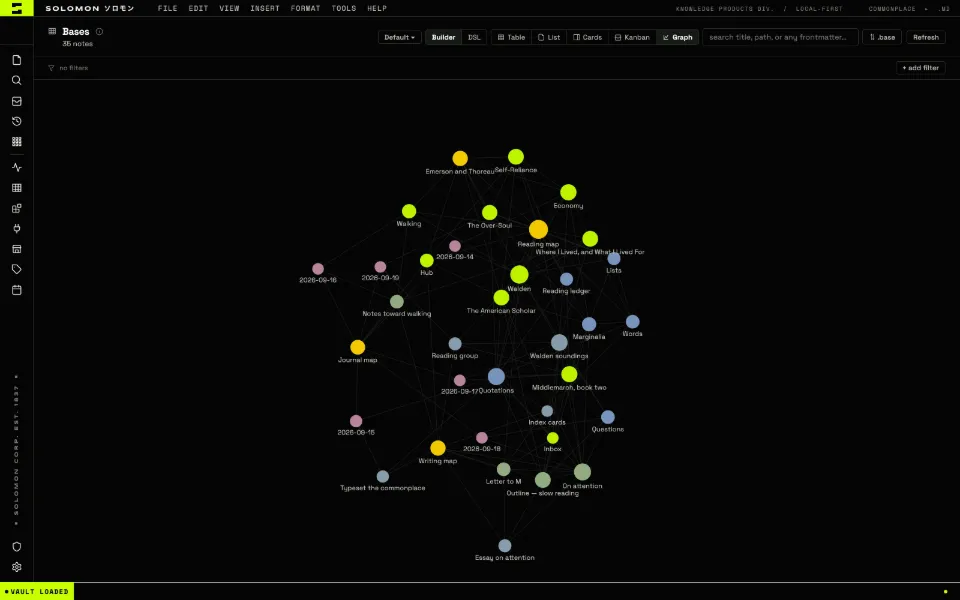 Solomon in the Y2K Acid theme: the whole vault as a graph: thirty-five notes and their links.