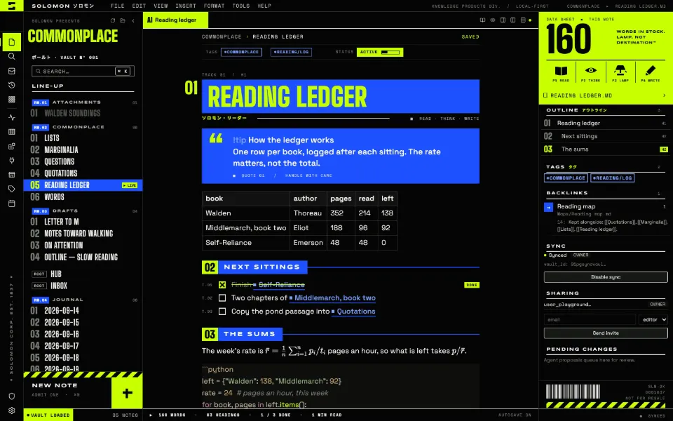 Solomon in the Y2K Acid theme: a callout, a table, tasks, math and code in one note, with the outline and backlinks open.